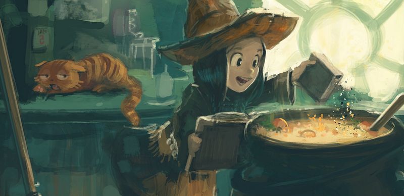A witch is cooking a magic potion